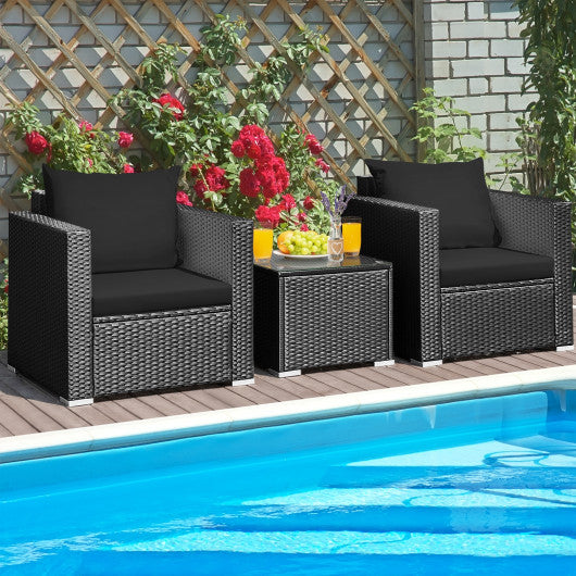 3 Pieces Patio Wicker Conversation Set with Cushion-Black