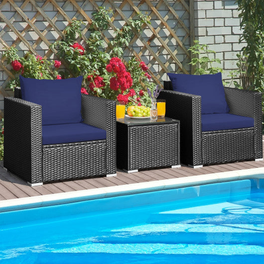 3 Pieces Patio Wicker Conversation Set with Cushion-Navy