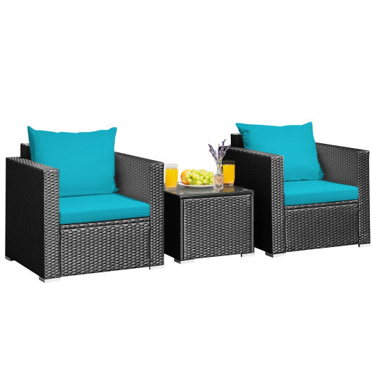 3 Pieces Patio Wicker Conversation Set with Cushion-Turquoise