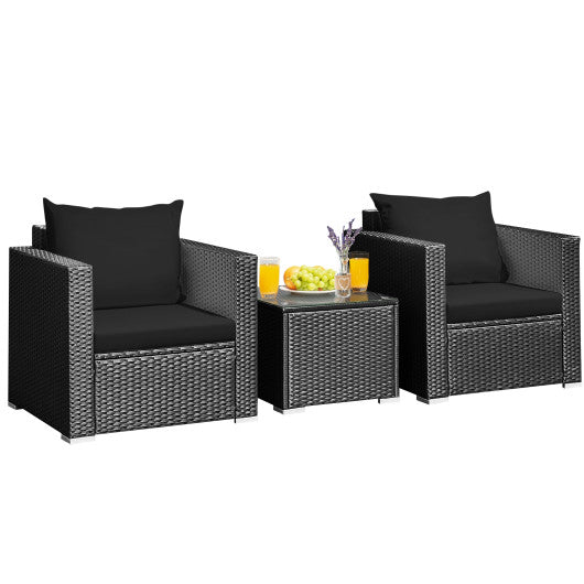 3 Pieces Patio Wicker Conversation Set with Cushion-Black