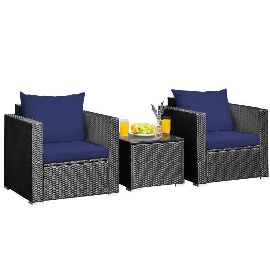 3 Pieces Patio Wicker Conversation Set with Cushion-Navy