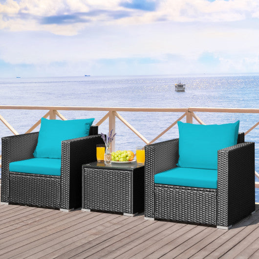 3 Pieces Patio Wicker Conversation Set with Cushion-Turquoise