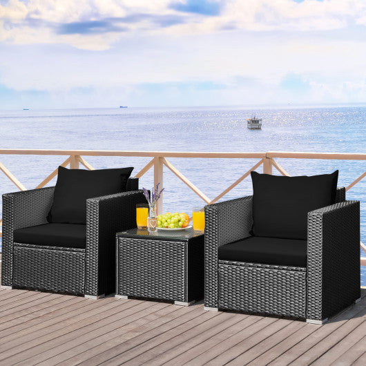 3 Pieces Patio Wicker Conversation Set with Cushion-Black