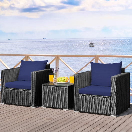 3 Pieces Patio Wicker Conversation Set with Cushion-Navy