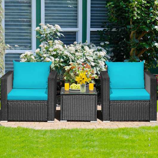 3 Pieces Patio Wicker Conversation Set with Cushion-Turquoise