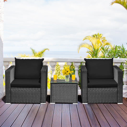 3 Pieces Patio Wicker Conversation Set with Cushion-Black