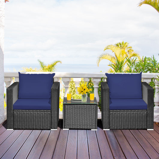 3 Pieces Patio Wicker Conversation Set with Cushion-Navy
