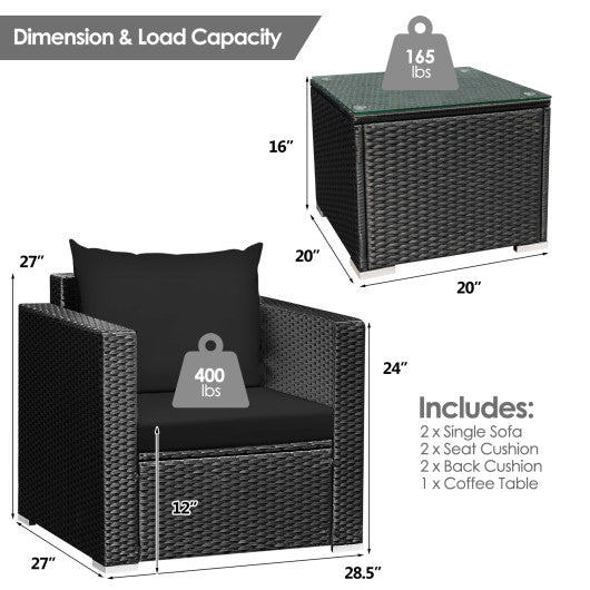 3 Pieces Patio Wicker Conversation Set with Cushion-Black