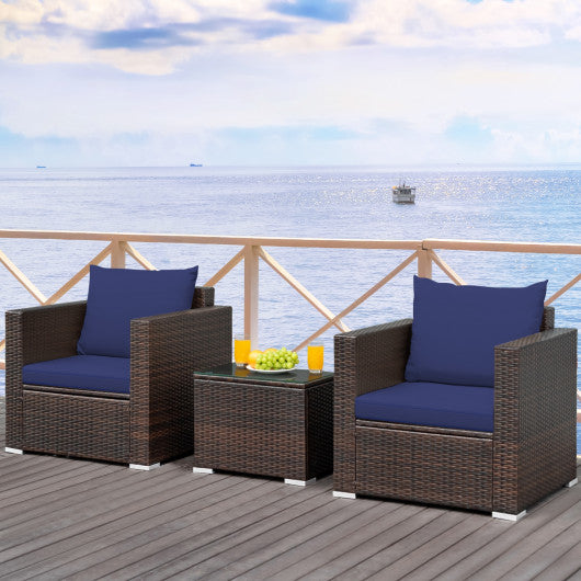 3 Pcs Patio Conversation Rattan Furniture Set with Cushion-Blue