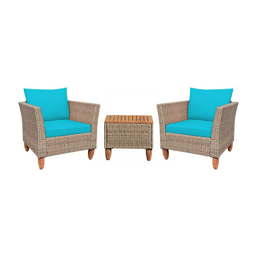 3 Pieces Patio Rattan Furniture Set with Washable Cushion for Yard Porch-Turquoise