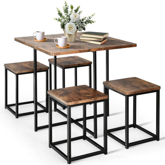 5 Pieces Metal Frame Dining Set with Compact Dining Table and 4 Stools-Walnut