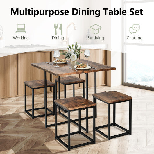 5 Pieces Metal Frame Dining Set with Compact Dining Table and 4 Stools-Walnut