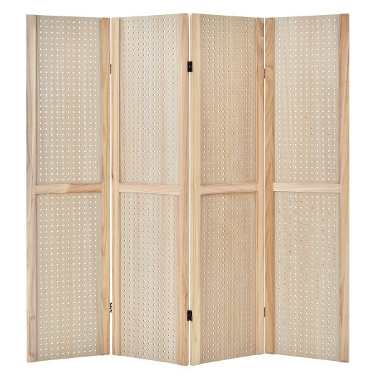 4-Panel Pegboard Display 5 Feet Tall Folding Privacy Screen for Craft Display Organized-Natural