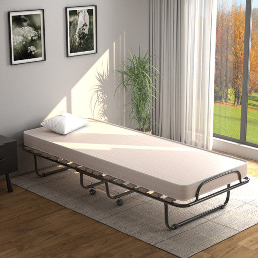 Portable Folding Bed with Memory Foam Mattress and Sturdy Metal Frame Made in Italy-Beige