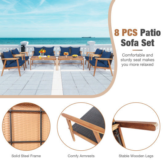 4 Piece Acacia Wood Patio Rattan Furniture Set-Navy