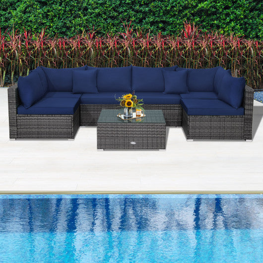 7 Pieces Patio Rattan Furniture Set Sectional Sofa Garden Cushion-Navy