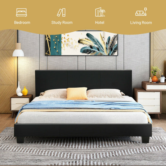 Full Upholstered Platform Bed Frame with Headboard Wood Slat-Black