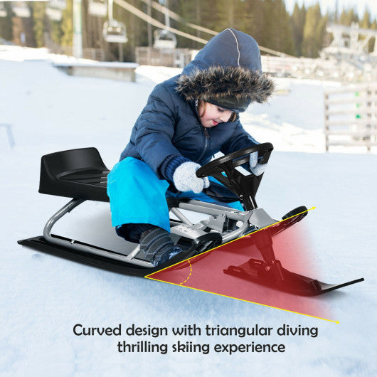 Kids Snow Sled with Steering Wheel and Double Brakes-Black