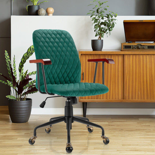 Velvet Home Office Chair with Wooden Armrest Green