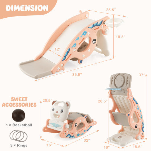 4-in-1 Kids Slide Rocking Horse with Basketball and Ring Toss-Pink