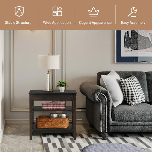 Side End Table with Drawer and 2-Tier Open Storage Shelves for Space Saving-Brown