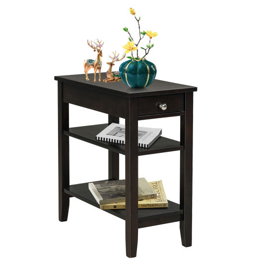 Side End Table with Drawer and 2-Tier Open Storage Shelves for Space Saving-Brown