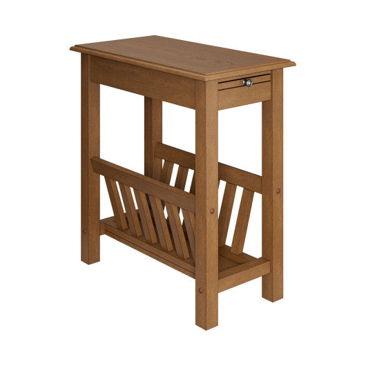 2-Tier End Table with Pull-out Tray and Solid Rubber Wood Legs-Natural