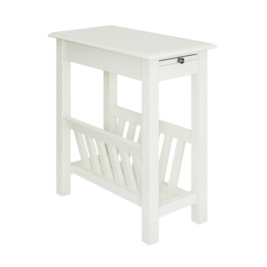 2-Tier End Table with Pull-out Tray and Solid Rubber Wood Legs-White