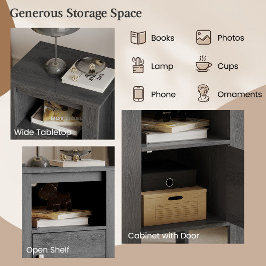 Compact Floor Farmhouse Nightstand with Open Shelf and Cabinet-Dark Gray