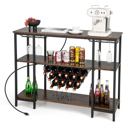 Industrial Wine Rack Wine Bar Cabinet with Storage Shelves-Brown