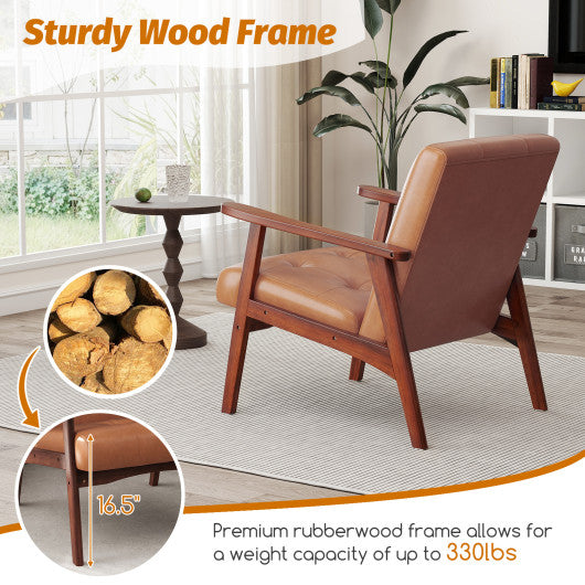 Mid Century Modern Accent Chair with Solid Rubber Wood Frame and Leather Cover-Brown