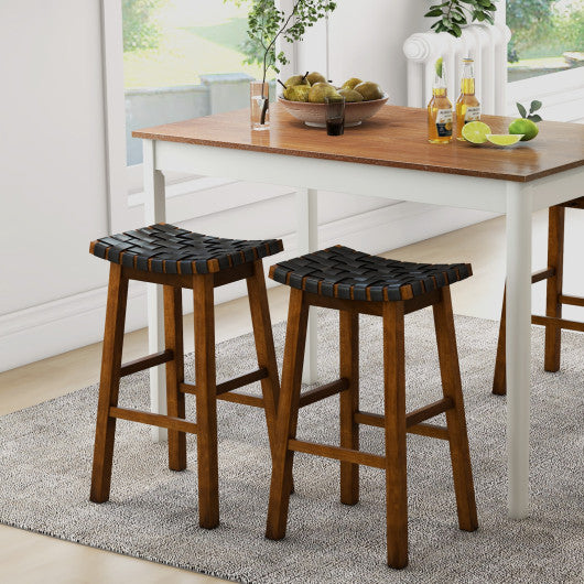 Faux PU Leather Bar Height Stools Set of 2 with Woven Curved Seat-29 Inches