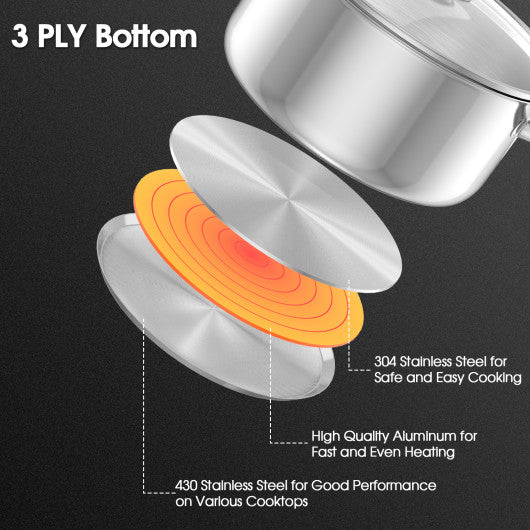 7-Piece Stainless Steel Cookware Set with Tempered Glass Lid-Silver