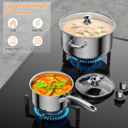 7-Piece Stainless Steel Cookware Set with Tempered Glass Lid-Silver