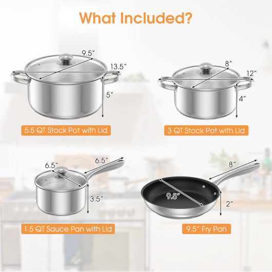7-Piece Stainless Steel Cookware Set with Tempered Glass Lid-Silver