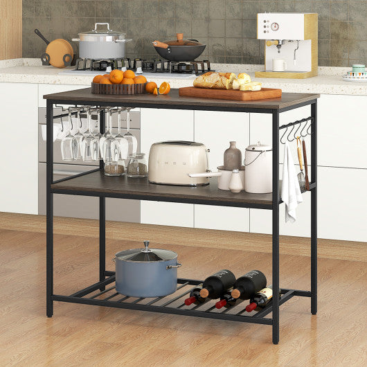 Kitchen Island with 3 Shelves Wine Glass Holders and 10 Hooks-Gray