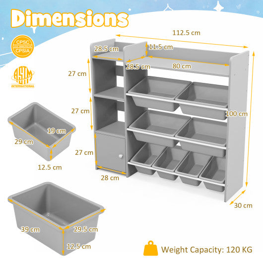 4-Tier Kids Bookshelf and Toy Storage Rack with 8 Toy Organizer Bins-Grey
