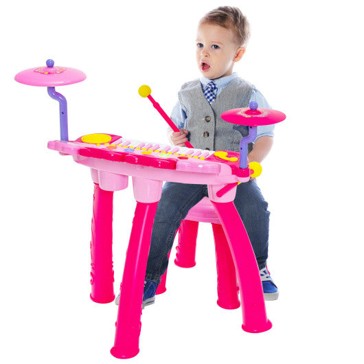 2-in-1 Kids Electronic Drum and Keyboard Set with Stool-Pink