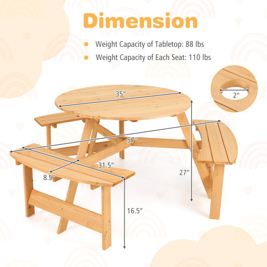 Kids Outdoor Wooden Picnic Table and Bench Set with Umbrella Hole-Natural