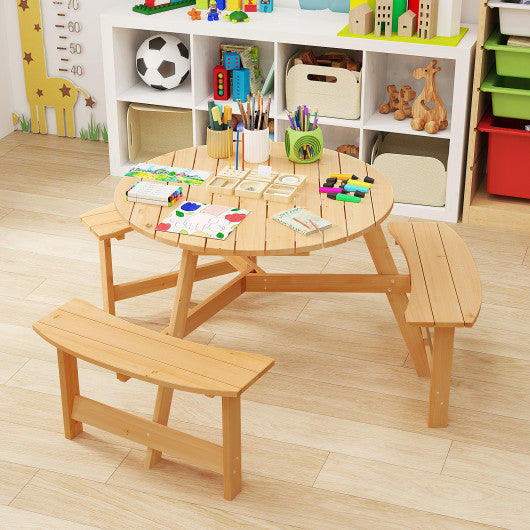 Kids Outdoor Wooden Picnic Table and Bench Set with Umbrella Hole-Natural