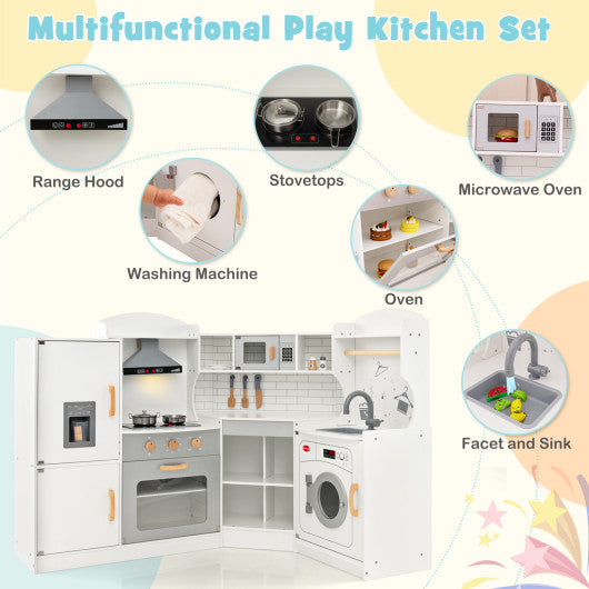 Corner Kids Play Kitchen with Washing Machine and Ice Maker Gift for Boys Girls-White