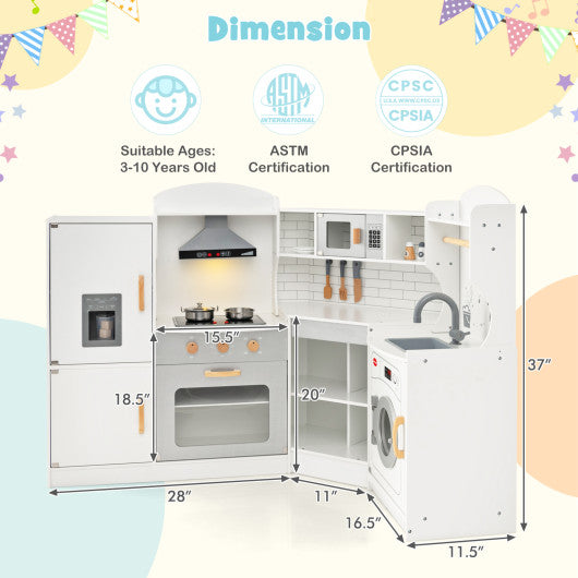 Corner Kids Play Kitchen with Washing Machine and Ice Maker Gift for Boys Girls-White