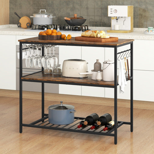 3 Shelves Kitchen Island Industrial Prep Table with Bottom Wine Rack-Rustic Brown