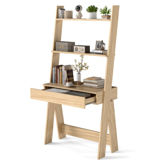 Ladder Shelf Desk Bookcase with Countertop Drawer and 2 Shelves-Natural