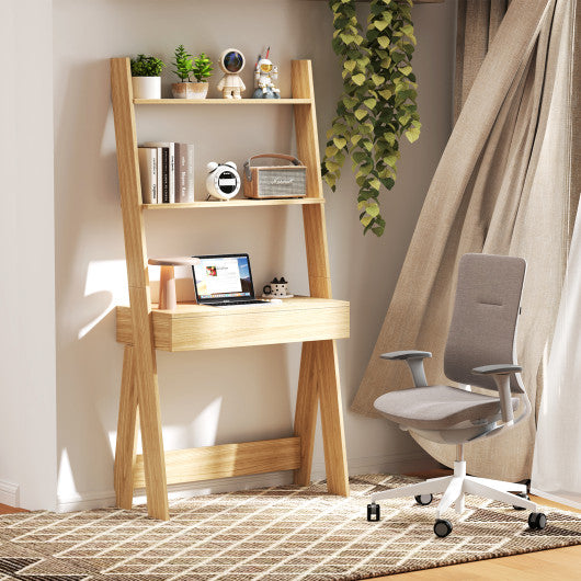 Ladder Shelf Desk Bookcase with Countertop Drawer and 2 Shelves-Natural
