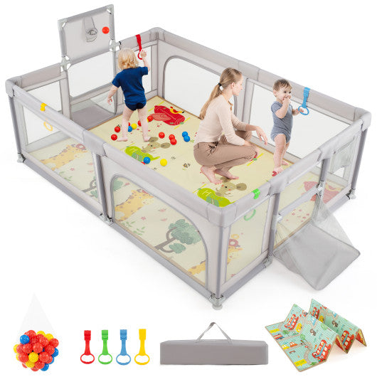 Large Baby Playpen with Mat and Ocean Balls-Light gray