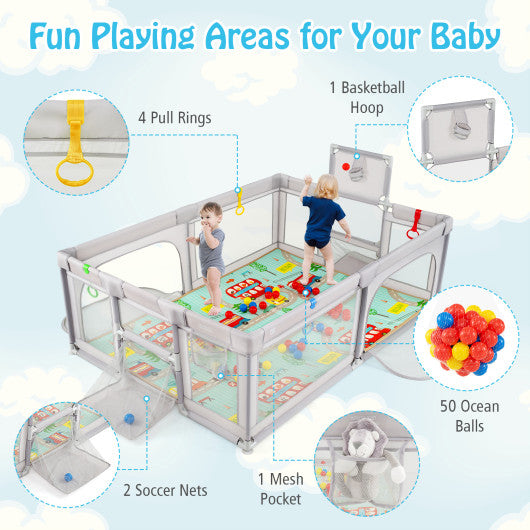 Large Baby Playpen with Mat and Ocean Balls-Light gray