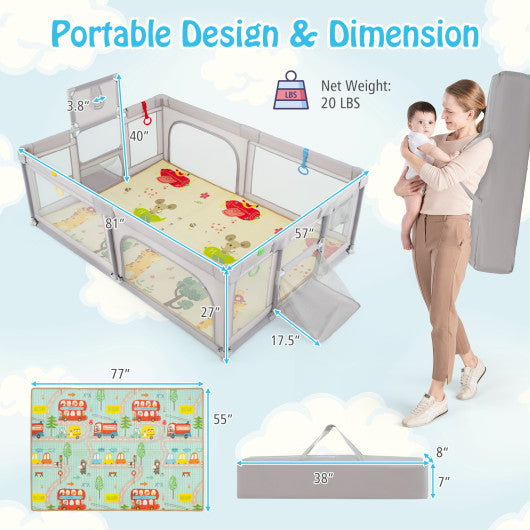 Large Baby Playpen with Mat and Ocean Balls-Light gray