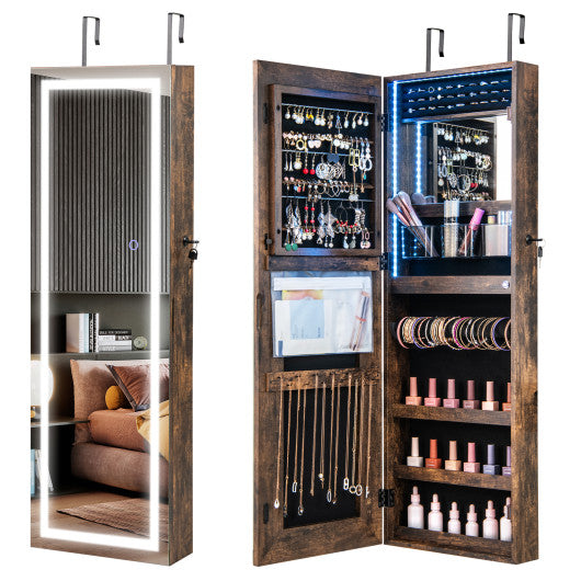 42.5 Inches Lockable Jewelry Mirror Wall Cabinet with 3-Color LED Lights-Rustic Brown