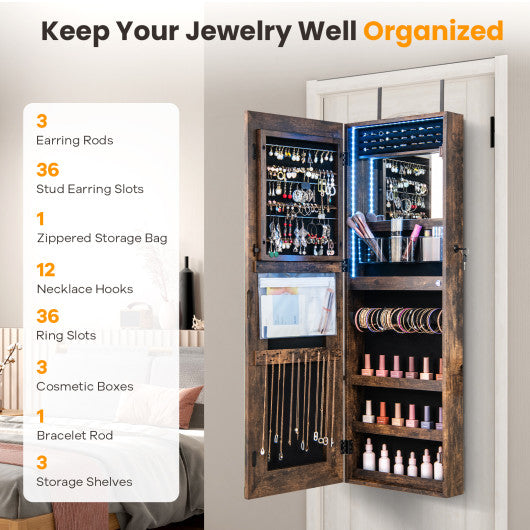 42.5 Inches Lockable Jewelry Mirror Wall Cabinet with 3-Color LED Lights-Rustic Brown